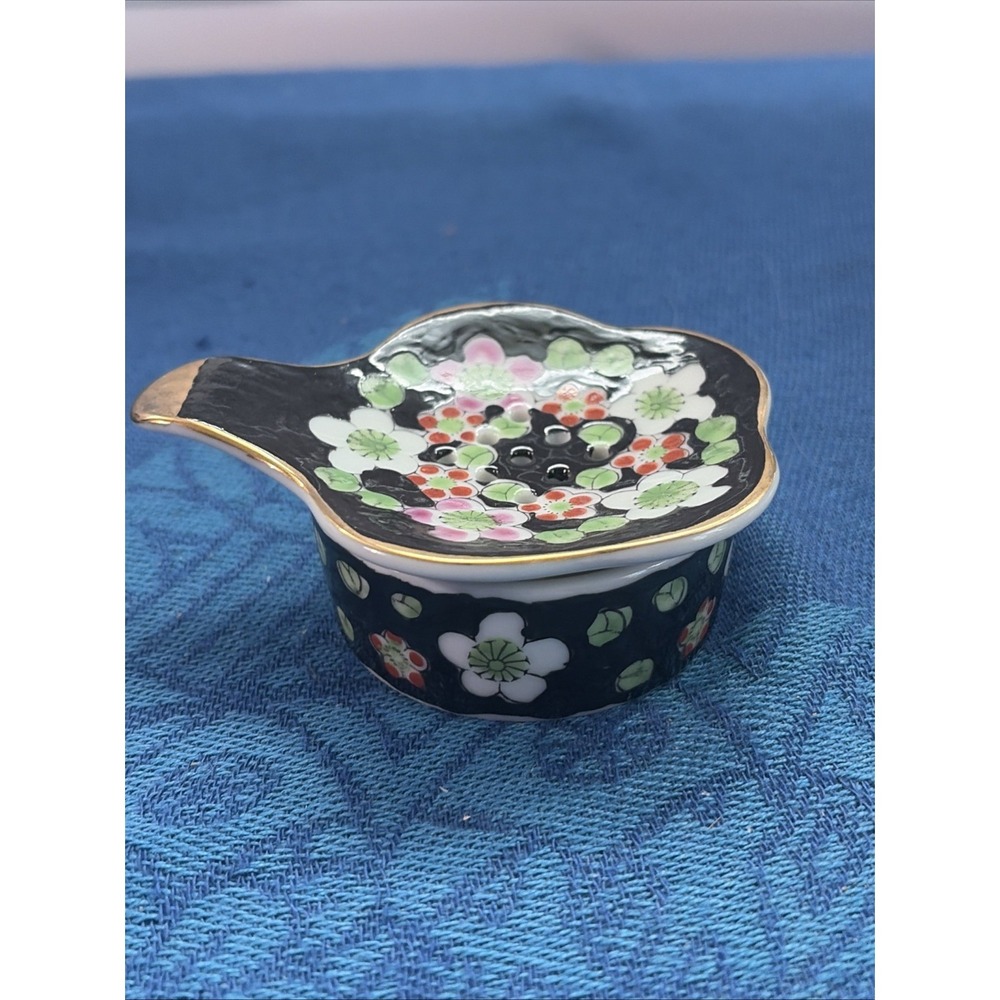 Vintage Knobler Japan Porcelain Tea Strainer Rest Black Floral